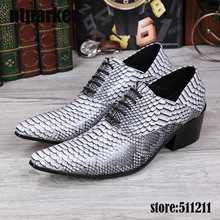ntparker 6CM Heels Grey White Snake Pattern Men's Shoes Geunine Leather Dress Shoes Pointed Oxfords Business Shoes for Men! 2024 - buy cheap