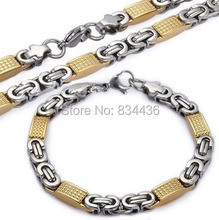 High quality 316L 8mmx55cm Necklace 8mmx23cm bracelet boy Mens Chain Gold steel Tone Flat Byzantine Link Stainless Steel Jewelry 2024 - buy cheap