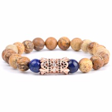 Crown Beaded Bracelet 2019 New Design Fashion CZ Men Jewelry Natural Mineral Round Picture Jaspers Pulsera Women Bijoux Bileklik 2024 - buy cheap