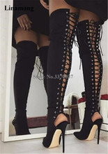 Women Sexy Back Out Lace-up Pointed Toe Thin Heel Over Knee Gladiator Boots Black Suede Leather Long High Heel Boots Club Shoes 2024 - buy cheap