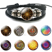 Tibetan Metatron's Cube Buddhist Mandala Bangle Glass Cabochon Jewelry Black Leather Button Braided Bracelets Gifts for Women 2024 - buy cheap