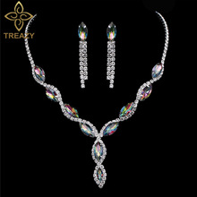 Treazy-joias de noiva com pingente de folha/borla, conjunto feminino de joias para baile, com colar de cristal colorido e strass 2024 - compre barato