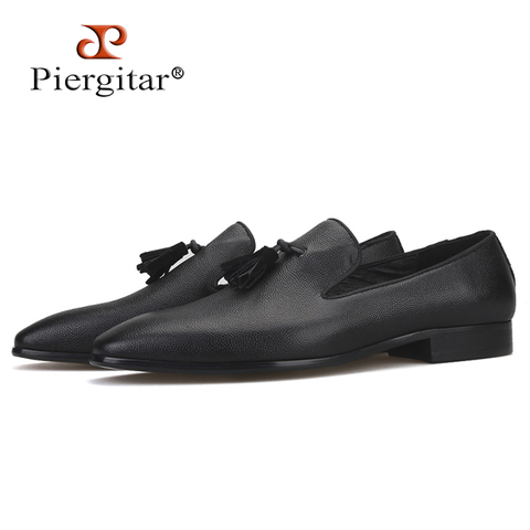 Piergitar brand 2019 New Black Genuine Leather men's loafers Handmade fashion men leather tassel shoes big size smoking slippers 2022 - buy cheap