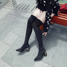 Elastic Knitting Stocking Over The Knee Boots Women Autumn Winter Pointed Toe Thick High Heels Shoes Female Thigh High Boots 2024 - buy cheap