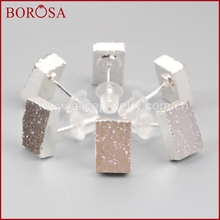 BOROSA Pure Silver Color Rectangle Natural Color Druzy Stone Stud Earrings Druzy Earrings Fashion Jewelry for Women SS090 2024 - buy cheap