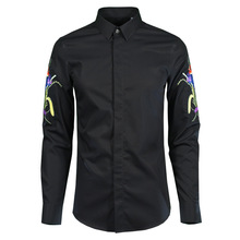 Camisa masculina manga longa bordada flor 100% algodão, camisa casual slim fit 2024 - compre barato