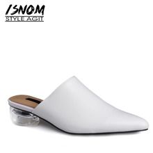 ISNOM Genuine Leather Slippers Woman Pointed Toe Footwear Crystal Heels Slides Shoes Female Mules Shoes Women Summer 2019 New 2024 - buy cheap