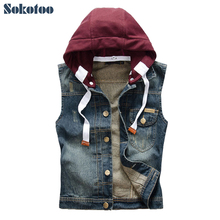 Sokotoo Men's casual detachable hooded denim vest Male slim vintage dark blue coat Tank top Hoodies 2024 - buy cheap