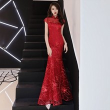 2019 Красное Длинное китайское вечернее китайское платье-Ципао, модное винтажное платье для невесты, вечерние платья в восточном стиле, Qi Pao 2024 - купить недорого