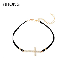 New Fashion Jewelry Velvet Choker Necklace Tight Black Leather Necklace Gold  Cross Pendant Crystatl Clothing Accessory 2024 - buy cheap