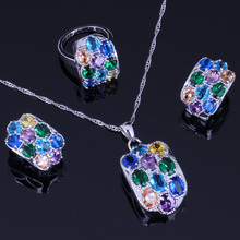 Surpreendente multigem multicolorido cúbico zircônia banhado a prata conjuntos de jóias brincos pingente anel de corrente v0249 2024 - compre barato