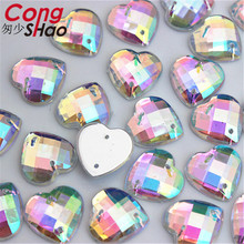 Cong Shao 100Pcs 14mm AB Clear Heart Acrylic Rhinestone Flatback Beads Decoration Clothes Bags Sewn on 2 Hole CS123 2024 - buy cheap