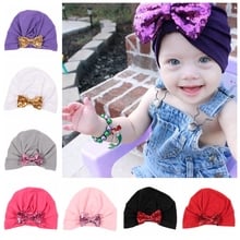 Yundfly Cute Newborn Turban Hat with Sequin Bow Cotton Blend Kids Caps Beanie Top Knot Handmade Hats Birthday Holiday Gift 2024 - buy cheap