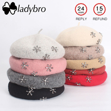 Ladybro Women Berets Wool Hat Lady Flower Knitted Bonnet Cap Femme Autumn Winter Hats For Women Caps Rhinestones Beanie Female 2024 - buy cheap