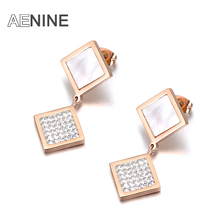 AENINE Jewelry Rose Gold Color Stainless Steel Square Clay Crystal & Shell Stud Earrings For Girl Women Boucle D'oreille AE18050 2024 - buy cheap