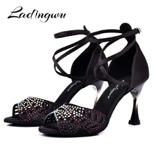 Ladingwu New Brand Latin Dance Shoes Black Satin Ballroom Profession Dance Shoes Gradient Heel and Gradient Rhinestone Design 2024 - buy cheap