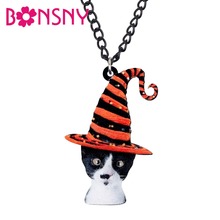 Акриловая Волшебная Шляпа Bonsny для Хэллоуина, ожерелье с подвеской в виде кота, длинная цепочка, уникальные украшения в виде животных для женщин и девушек 2024 - купить недорого