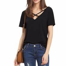 Women T Shirt 2017 Summer Fashion Bandage Sexy V Neck Criss Cross Top Casual Lady Female T-shirt lager size Lady Tees T Shirt 2024 - buy cheap