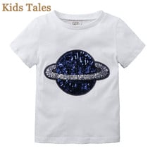 PR-356 Boys Earth style Sequin T-Shirt Short Sleeve Children Tees Costume Top Blue&pink&white New Cotton Kids girls Clothes 2024 - buy cheap