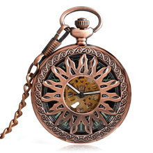 Relógio de bolso mecânico retrô steampunk, relógio de bolso mecânico automático de cobre com corrente vazada de flor do sol para homens e mulheres 2024 - compre barato