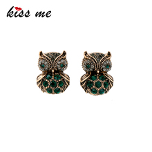 Kiss me brincos stud de cristal verde de coruja, joias vintage cor dourada antiga, acessórios femininos para presente de namorados 2024 - compre barato