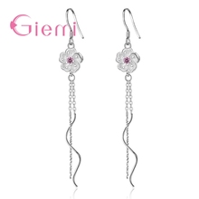 Brincos em formato de flores delicadas em prata esterlina 925, gancho longo espiral, cristais cheios de cristais rosa para mulheres, joias da moda 2024 - compre barato