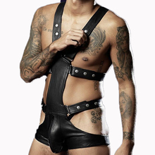 Sexy Men Faux Leather Bodysuit Exotic Fetish Bondage Restraint Lingerie Black Fantasy Gay Jumpsuit Teddy Vinyl Sex Underwear 2024 - buy cheap