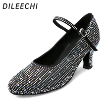 DILEECHI Women's Black satin Rhinestone Modern Dance Shoes Shining Soft Bottom Woman Salsa party Shoes heel4.5cm 7.5cm close toe 2024 - buy cheap