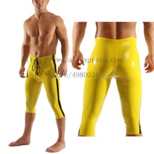 Novelty yellow color front lace-up design latex cropped pants with black stripes decorations for men 2024 - buy cheap