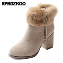 Chunky High Heel Suede Furry Fur Real Short Genuine Leather Shoes Faux Booties Casual Winter Round Toe Women Ankle Boots 2021 2024 - buy cheap