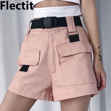 Shorts femininos de verão da moda coreana, mini shorts de cintura alta com fivela de bolso, cinto casual para mulheres * 2024 - compre barato