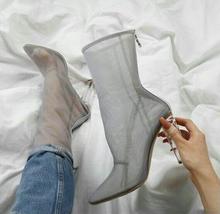 Botas cortas de tacón de cristal para mujer, botines de malla de aire transparente de talla grande, puntiagudas, con cremallera trasera, de marca barata de alta calidad 2024 - compra barato