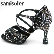 Samisolerlatin dance shoes woman zapatos de baile latino mujer shining  Black satin Women Salsa party Ballroom shoes 2024 - buy cheap