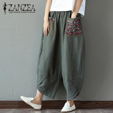 2022 ZANZEA Summer Casual Loose Long Trousers Baggy Pantalon Women Elastic Waist Retro Print Linen Cotton Harem Pants 2024 - buy cheap