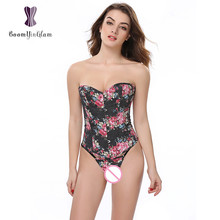 Tecido de brim rosa impresso lingerie sexy bustier emagrecimento corpo shaper floral desossado espartilho com g string 858 # 2024 - compre barato