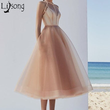 2019 Fashion Champagne Tea Length Prom Gowns Elegant See Thru Sexy Cocktail Dresses Pretty Formal Dress For Graduation 2024 - buy cheap