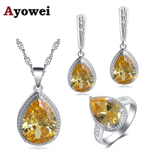 Hot Sale Set Water Drop Design Yellow Silver 925 Zircon For Girl's party Gift Earrings Necklace Rings Jewelry Sets JS739A 2024 - buy cheap