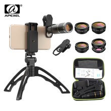 Apexel-kit de lentes de câmera, metal óptico, 16x, telescópio, lente telefone + tripé de selfie + 5 em 1 lente para samsung, iphone, todos os smartphones 2024 - compre barato