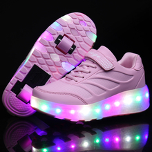 Светящиеся кроссовки с двумя колесиками, яркие, для катания на роликах, обувь для детей, светодиодная обувь для мальчиков и девочек, унисекс с подсветкой 2024 - купить недорого