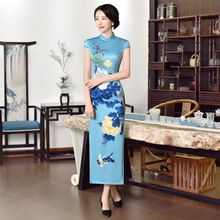 Tradicional chinês Vestido De Manga Curta Sexy Vestido Oriental Cheongsam Qipao Vestido de Fenda Vestido Longo Azul Ao Vietname Dai DD1893 2024 - compre barato