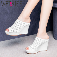 WETKISS Platform 2019 New Slides Shoes Women Summer Slippers Woman Wedges High Heels Shoes Female Cow Leather Mules Shoes 2024 - buy cheap
