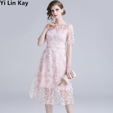 Yi Lin Kay 2019 Fashion Runway Party  high-quality summer women dress Pink gauze embroidered dress Vestidos 2024 - buy cheap