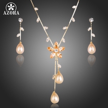 AZORA Gold Color Imitation Pearl Top quality Cubic Zirconia Earrings and Necklace Jewelry Set TG0138 2024 - buy cheap