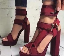 Dipsloot Women Elegant Mixed Color Chunky Heel Sandals Platform Metal Buckle Strap Dress Shoes Yellow Burgundy Wedding Heels 2024 - buy cheap