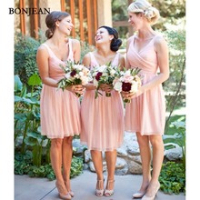 Элегантное розовое шифоновое платье А-силуэта, дешевое короткое платье без рукавов с V-образным вырезом для свадебной вечеринки 2024 - купить недорого