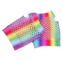 Women Rainbow Stripes Short Fingerless Gloves Hollow Out Fishnet Wrist Length 80's Party Costume Stretchy Mittens 2024 - buy cheap