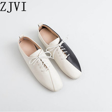 ZJVI Woman Sexy Black Whtie Mixed Colors Flats 2021 Women Genuine Leather Ladies Flat Shoes Causal Square Toe Lace Up For Girls 2024 - buy cheap