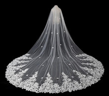 Véus do casamento da princesa barato longo laço 3 metros véus de noiva uma camada feita sob encomenda do laço applique borda véu da noiva frete grátis 2024 - compre barato