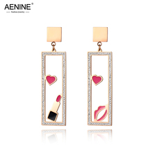 AENINE Makeups Elements Jewelry Pink Lips & Lipstick With Rhinestone Case Rose Gold Stainless Steel Earrings For Women AE18452 2024 - buy cheap