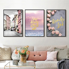 Скандинавский морской плакат с розовыми розами, масляной холст, картина, романтический пейзаж, настенные картины для гостиной, украшение, без рамки 2024 - купить недорого